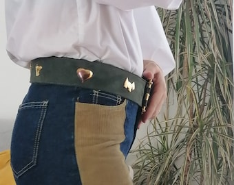 Vintage leather gold and green belt / 80&#39;s gold metal horse heart and dog waist belt