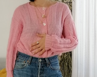 Vintage 80s Mohair Knit Cardigan, Baby Pink Sweater