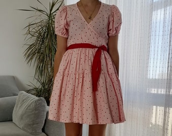 Handmade Heart Print Mini Wrap Dress - Pink & Red Puffy Skirt