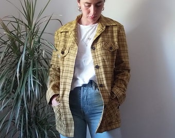 Wool Benetton plaid blazer / Vintage mustard yellow blazer jacket 70's style / Yellow blazer made in italy