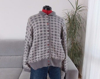 Vintage Angora Blend Cardigan: 90s Geometric Print, Peter Pan Collar