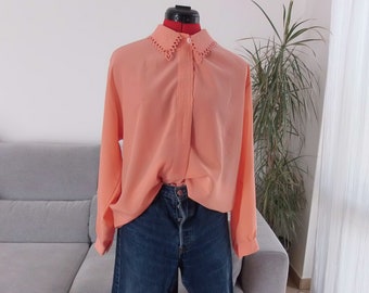 Vintage embroidered salmon blouse / 80's coral orange button up shirt with embroidery