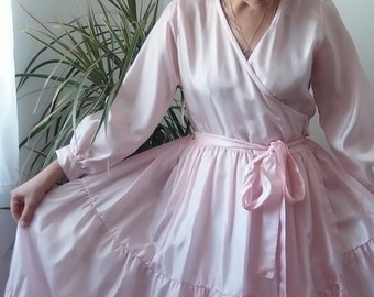 Handmade baby pink ruffles maxi dress / Warp maxi dress in pastel pink