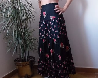 Vintage Betty Barclay maxi skirt / 70&#39;s black floral print long ruffles skirt / Patchwork mixed prints maxi skirt