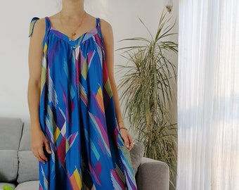 Vintage cobalt blue house dress / 80&#39;s primary colors adjustable straps tent dress