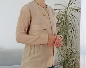 Vintage 100% silk cream blouse / 00's beige and black trim top shirt