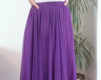 Vintage purple midi skirt / 90&#39;s Frank Usher chiffon lilac maxi skirt
