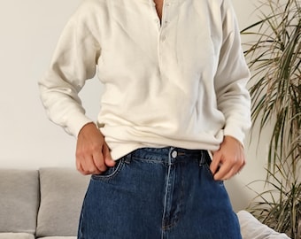 Vintage thermal interior white sweater / 80's warm polo neck off white shirt top