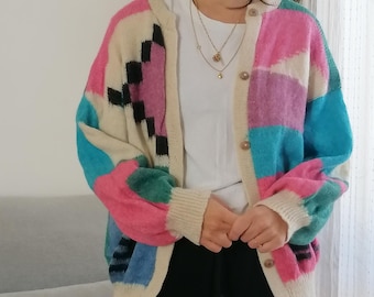 Vintage Mohair Knit Cardigan: 90s Colorful Wool Sweater