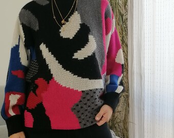 Vintage colorful knit sweater / 80's bat sleeves geometric print wool sweater pink black gray
