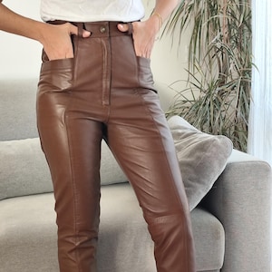 Vintage 100% leather brown pants / 80&#39;s genuine leather brown trousers very high rise