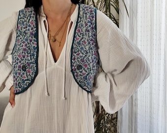 Vintage Floral Block Print Quilted Vest, 70s Indian Cotton Waistcoat