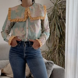 Handmade big collar shirt / Square collar pastel green blouse with yellow polka dot ruffles