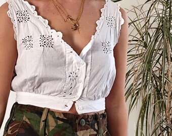 Antique white embroidered crop top / 1910's 1920's white cotton embroidery