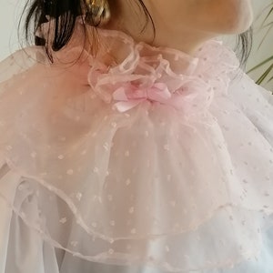 May include: A pink sheer ruffled collar with a small pink bow in the center. The collar is made of a delicate fabric with a dotted pattern.