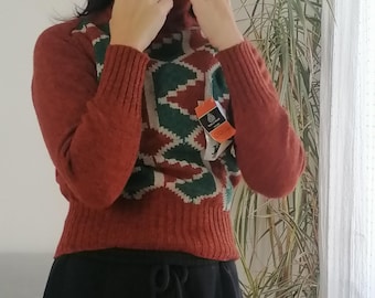 Vintage 70s Wool Turtleneck Sweater: Forest Green Geometric Knit