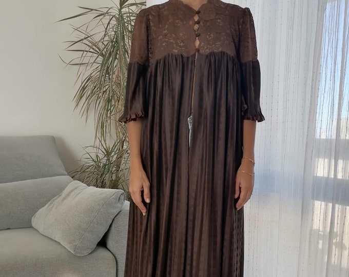 Vintage Chocolate Brown Pleated Maxi Robe / 80's Brown Lace Bell ...