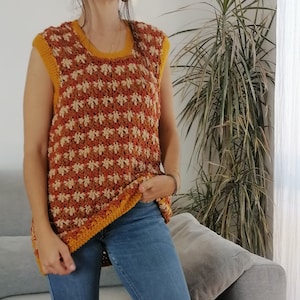 Vintage handmade knit vest / 70&#39;s burnt orange yellow and white wool sleeveless sweater