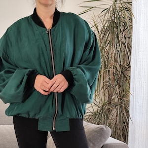 Vintage 100% silk forest green bomber / 80&#39;s Green silk jacket with shoulder pads by Lorton Twenty