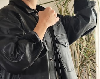Vintage 100% leather black shirt / 90's genuine leather jacket size xl