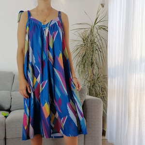 Vintage cobalt blue house dress / 80&#39;s primary colors adjustable straps tent dress