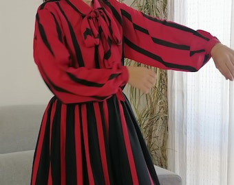 Vintage JAEGER Striped Skirt Set: 80s Black Red Matching Suit, Scarf