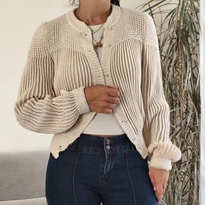 Vintage cotton off white cardigan / 70&#39;s knit button up sweater cream cardigan