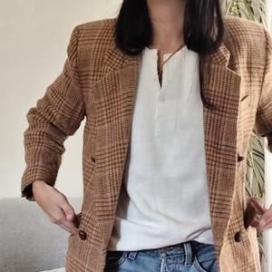 Vintage dubbelknäppt tweedkavaj / 80-tals ullbrun kamelbrun och orange kappa