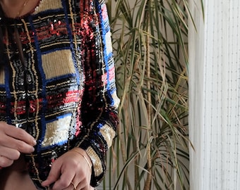 Vintage silk sequins cardigan / 90's plaid beaded sequin jacket blue red and cream top