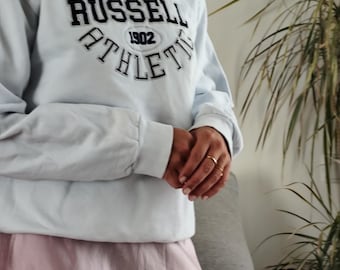 Vintage sweatshirt by Russell athletic / 90's white and blue thick sweater embroidered lettering