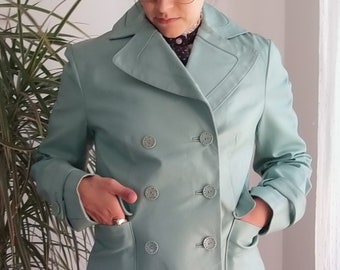 Vintage 100% leather mint green blazer / 90's pastel light green genuine leather jacket coat