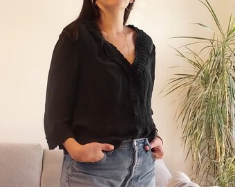 Vintage 100% silk black blouse / 90's shirt top with frills