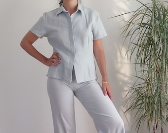 Vintage two piece linen set / 90&#39;s powder blue linen shirt and pants matching set suit