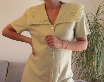 Vintage linen lime green maxi dress / 80's pistachio green sailor collar button up shirtdress