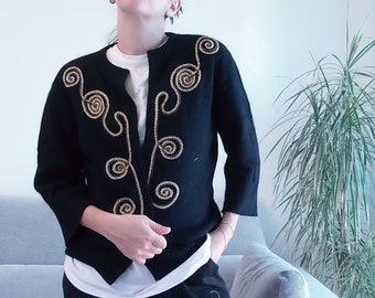 Vintage angora black and gold cropped cardigan / 80's sweater cardigan with golden embellishment