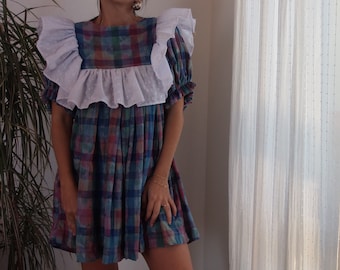 Handmade babydoll dress with big white broderie anglaise ruffles / Handmade mini plaid dress with puffed sleeves