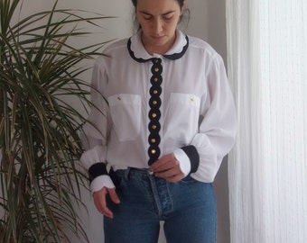 Multicolored Short Sleeve UK 14 Vintage Mario Rosella Navy Blue Hidden Button Front Blouse