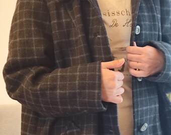 Vintage Wool Check Winter Coat: 80s Dark Gray Blue Jacket