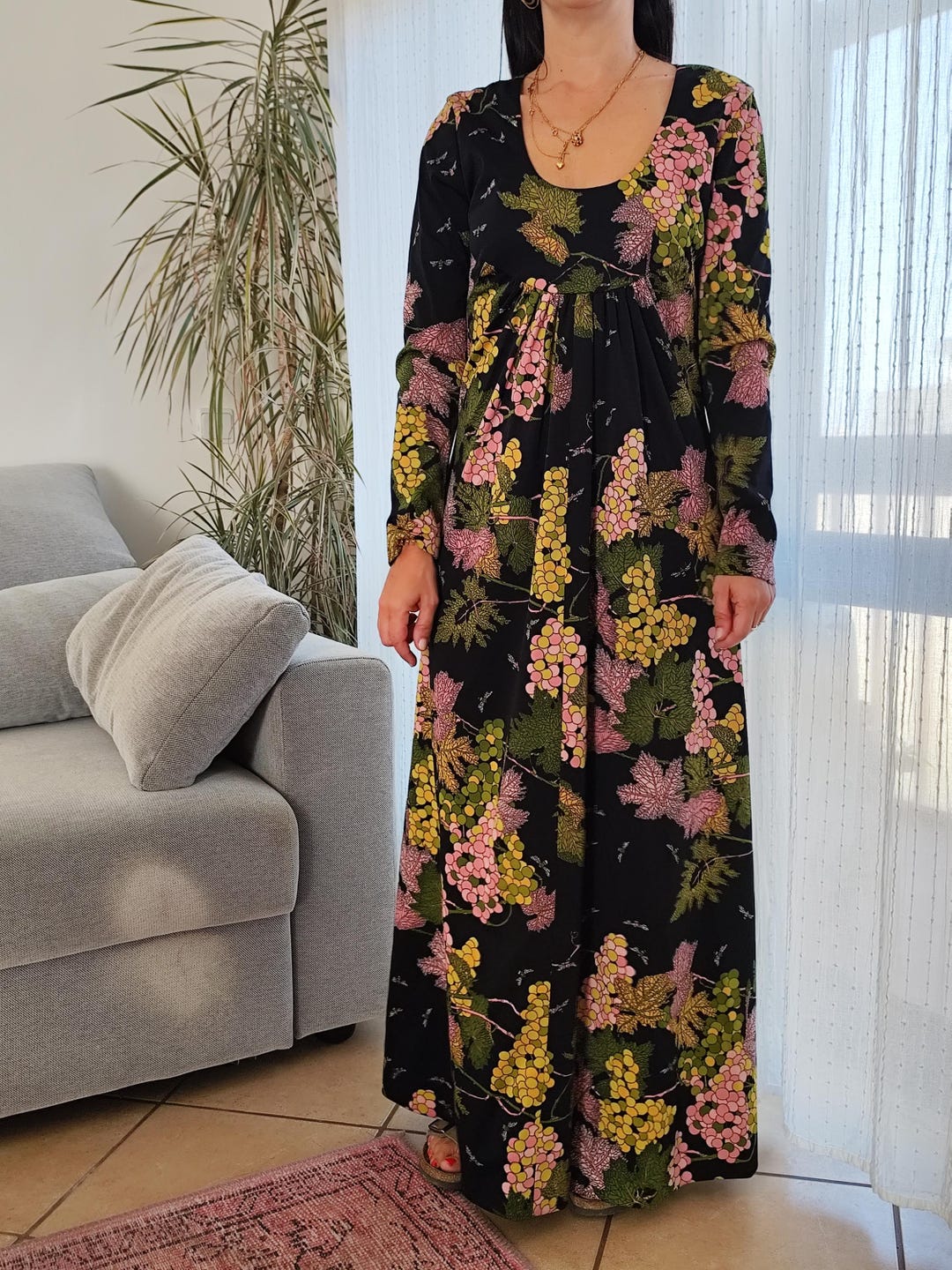 70s Floral Maxi Dress, Pink & Green Flower Print, Long Sleeve (S/M) 70s Floral Maxi Dress, Pink & Green Flower Print, Long Sleeve (S/M)