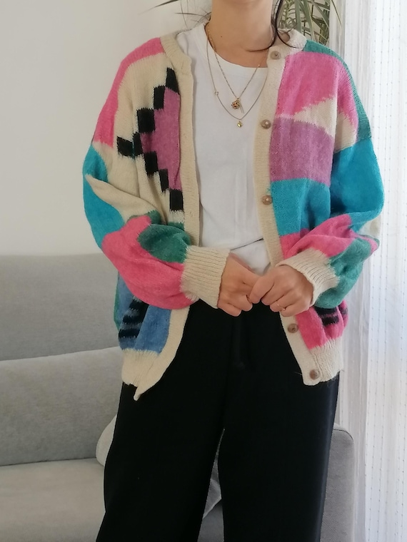 Vintage Mohair Knit Cardigan: 90s Colorful Wool Sweater - Etsy