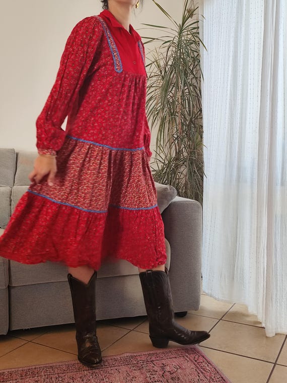 Vintage Patchwork Mixed Prints Red Midi Dress / 80's Ruffles Layers Floral  Print Dress - Etsy