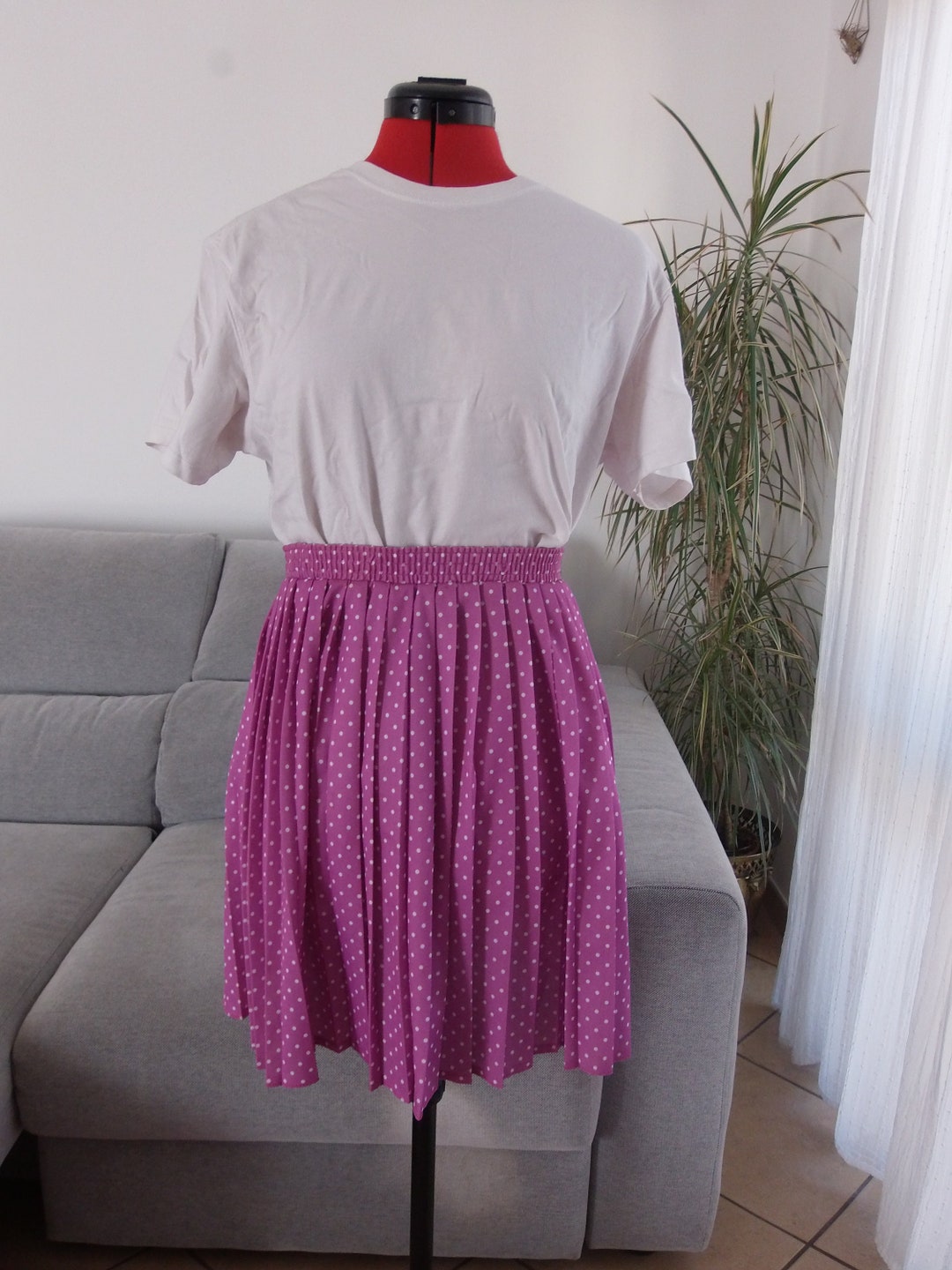 Vintage Purple Polka Dot Pleated Skirt / 90's Mini Skirt