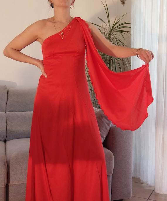 single sleeve cut out maxi dress in red Vintage 70s Red Maxi Dress - One Shoulder Bias Cut, S/M