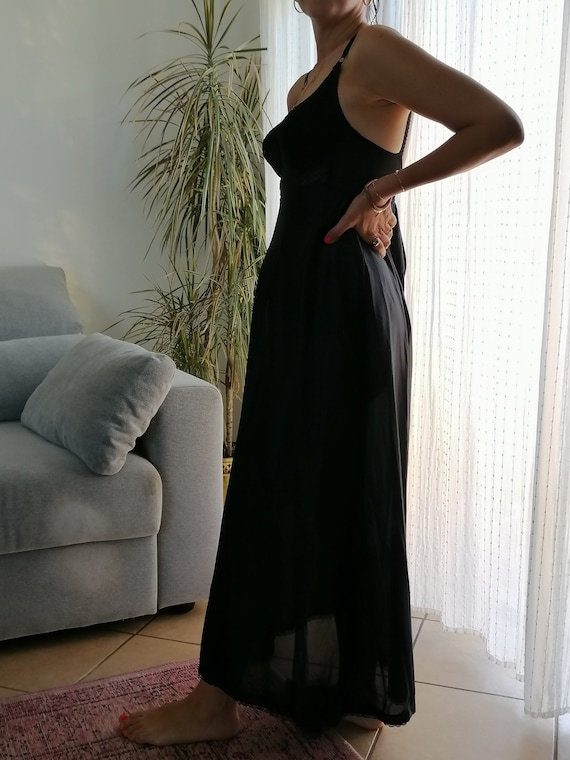 Vintage Black slip lace dress nightgown / 80's St Michael maxi dress with pointy cups