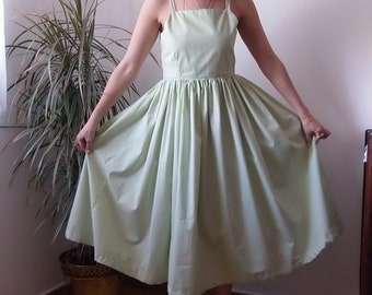Handmade gingham summer dress / Lime green gingham midi dress / Check print green full skirt dress
