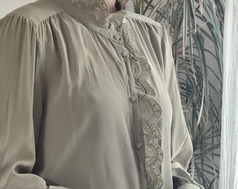 Vintage 100% silk sage green blouse / Shirt with high collar, embroidered band on placket and collar