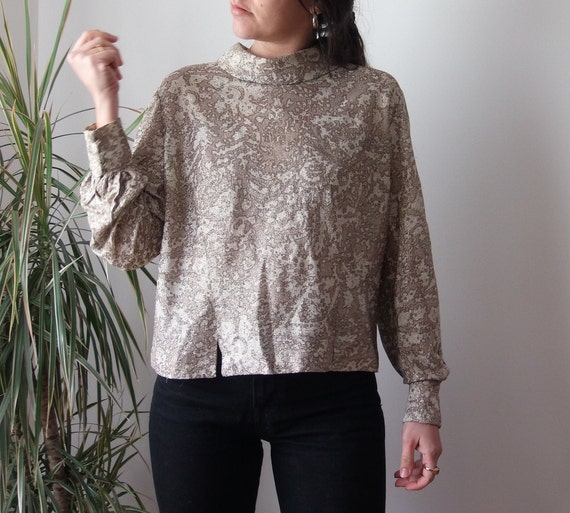 60's golden blouse / Vintage mock neck metallic go
