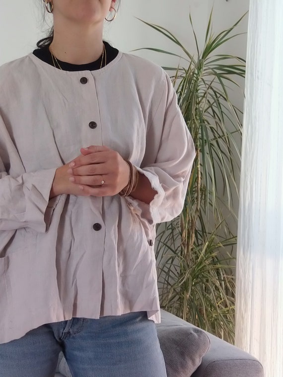 Vintage linen oversize jacket blouse / 90's beige… - image 10