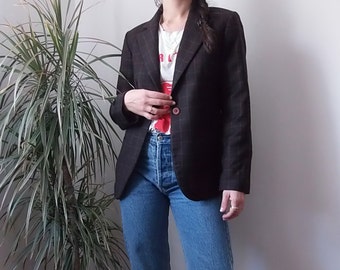 100% wool Benetton plaid blazer / Vintage houndstooth brown and mustard yellow blazer jacket / 00's brown blazer made in italy