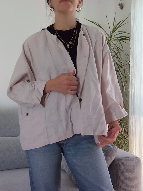 Vintage linen oversize jacket blouse / 90's beige… - image 1